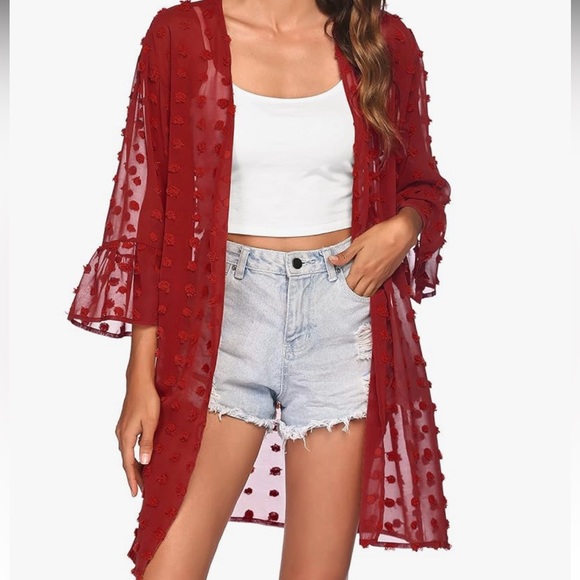 Elesol Tops - NWT Elesol Red Sheer Dot Bell Flutter Sleeve Cardigan Cover-Up Kimono Size M